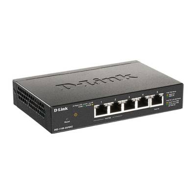 Čierny sieťový prepínač D-Link s piatimi portami, číslovanými od 1 do 5. Číslo modelu: DGS-1100-05PD/V2. Ideálny pre sieťové pripojenia.