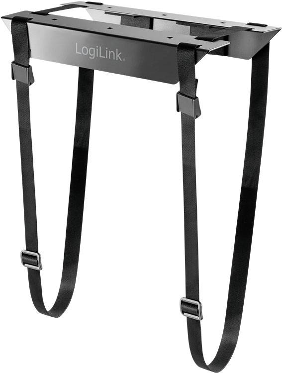 'LogiLink' stenový držiak s nastaviteľnými popruhmi na bezpečné upevnenie zariadení. Vyrobený z čierneho kovu s popruhmi s nastaviteľnou sponou.