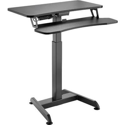 Výškovo nastaviteľný čierny stôl s dvoma úrovňami a stabilnou základňou, vhodný pre ergonomickú prácu v stoji.