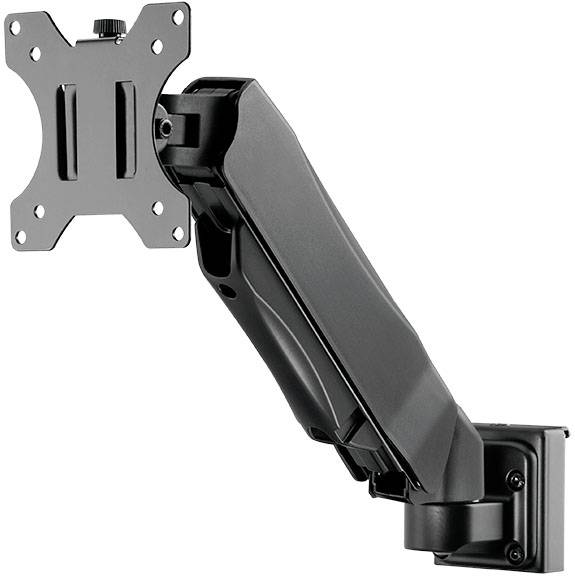 Čierna stolová držiak monitora, s naklápateľným ramenom a VESA uchytením pre úpravu polohy obrazovky.