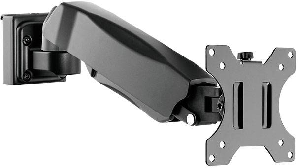 Čierny stolový držiak monitora s nastaviteľným kĺbom na upevnenie na stenu.