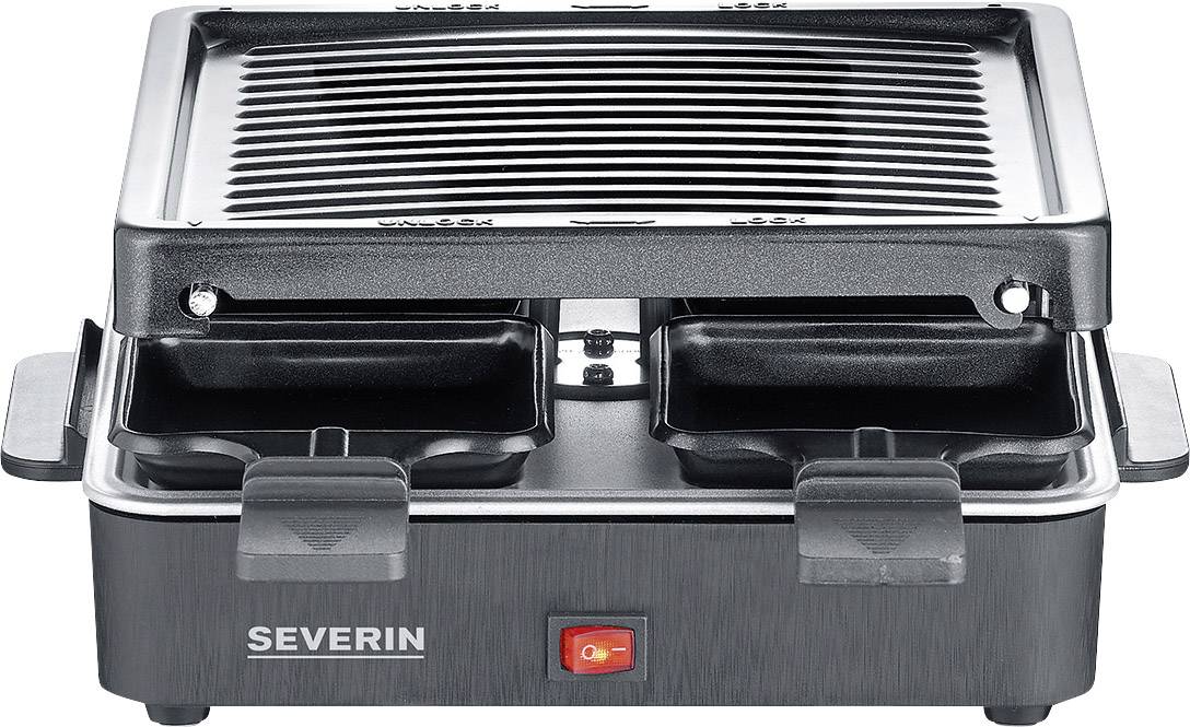 Raclette gril s dvoma malými panvičkami a vrúbkovanou grilovacou doskou, vhodný na prípravu mäsa, zeleniny a syra.