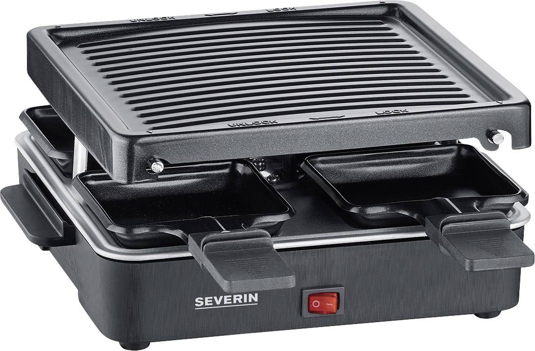 Elektrický raclette gril s vyberateľnými panvičkami, grillovanou platňou a vypínačom, ideálny na stolové grilovanie.
