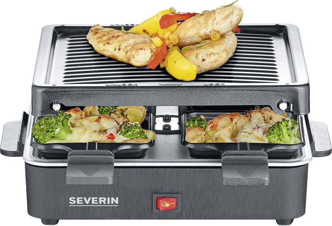 Elektrický stolný gril s grilovaným kuraťom, paprikou a zeleninou na hornej mriežke. Dole sú umiestnené dve raclette panvičky so zeleninou.