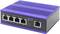 Modrý sieťový switch s piatimi ethernetovými portami, vhodný pre domáce alebo kancelárske použitie, zobrazuje sieťové pripojenia.