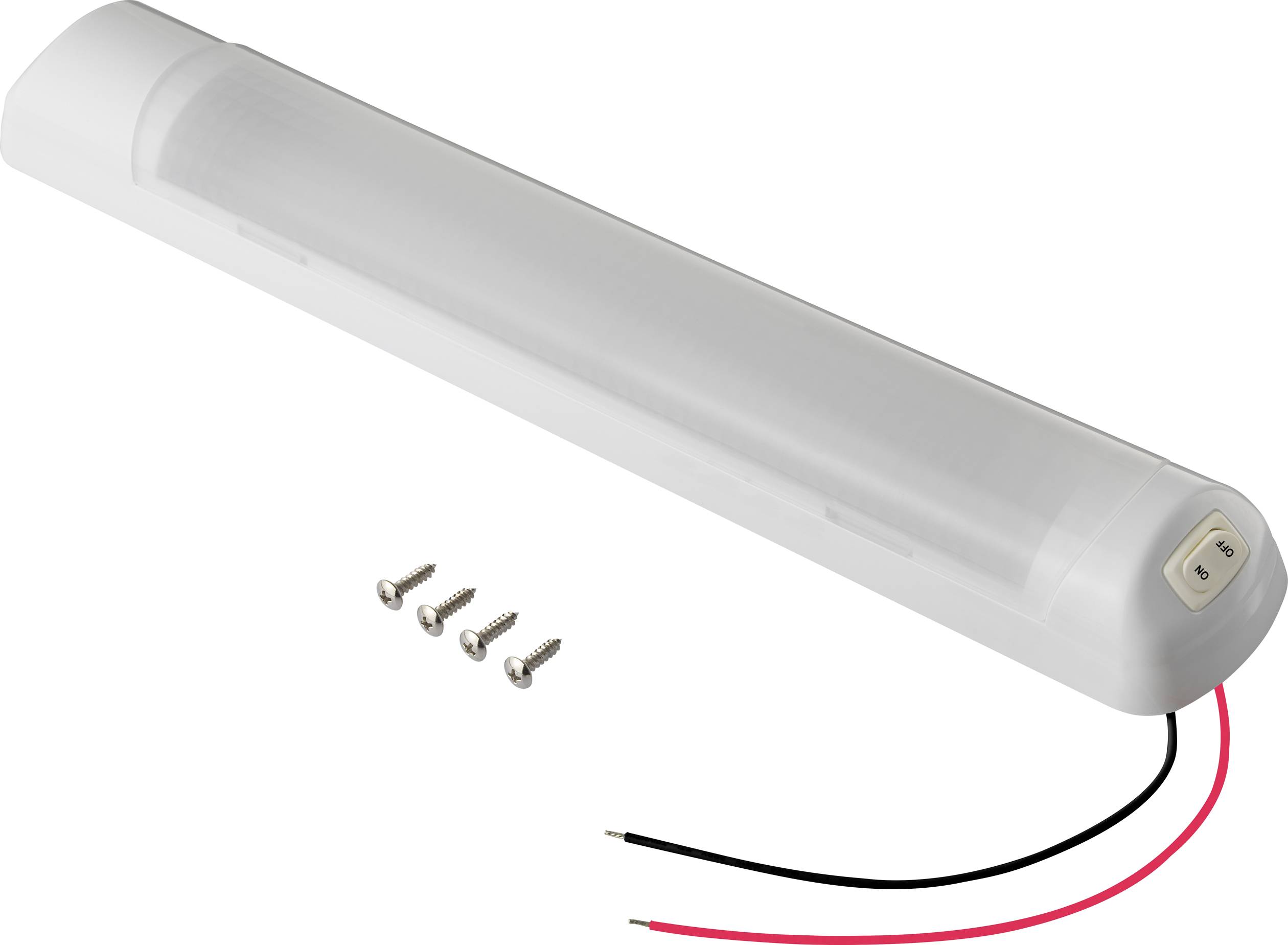 Biela LED lampa so spínačom vpravo, dva vyčnievajúce káble, vrátane štyroch upevňovacích skrutiek.