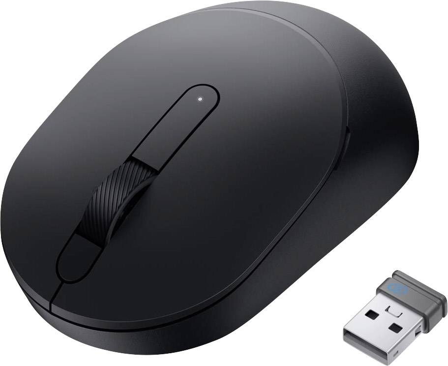 Čierna bezdrôtová počítačová myš s USB dongľom na bielom pozadí.