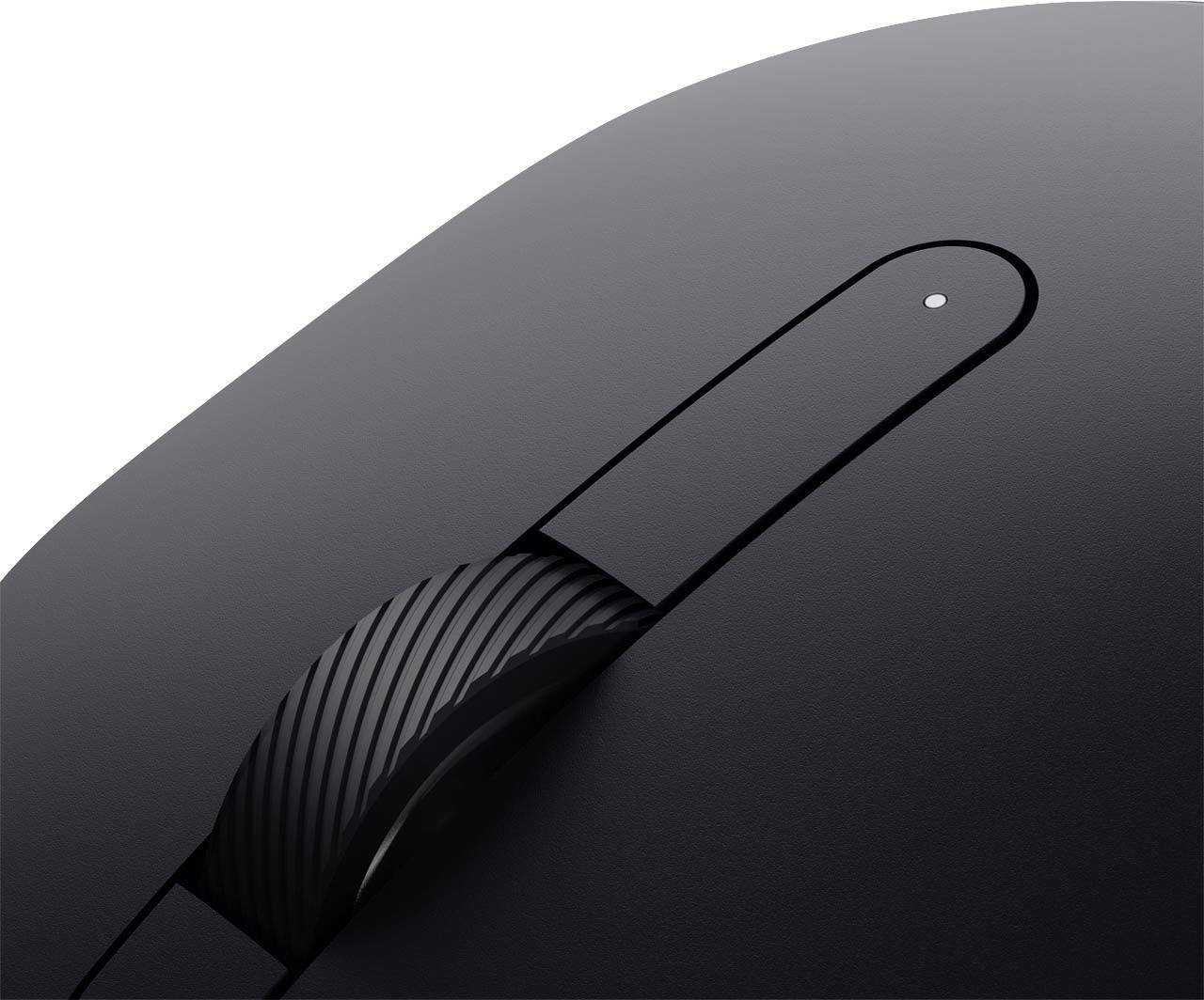 Detailný záber počítačovej myši v matnej čiernej farbe s ergonomickým kolieskom a nenápadným dizajnom.