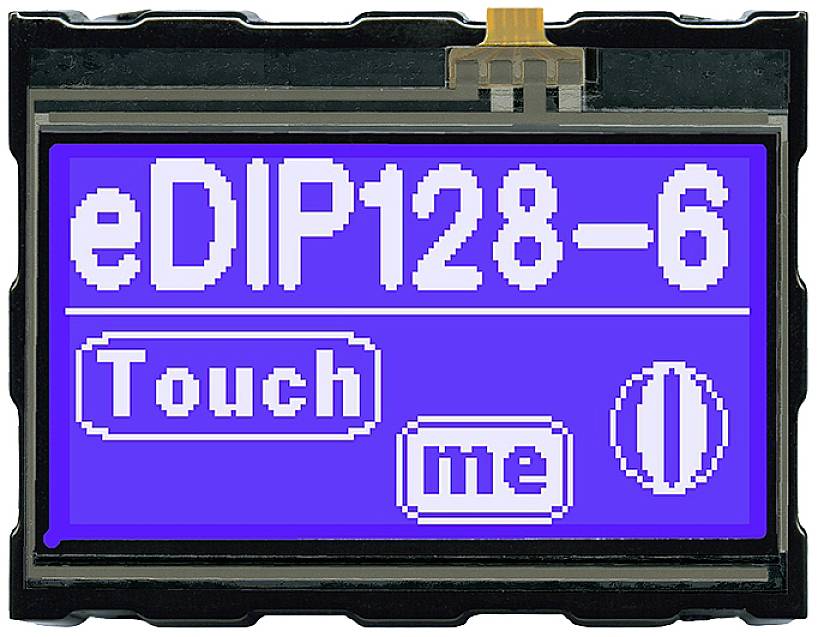 Modré displej zobrazuje bielym písmom 'eDIP128-6' a 'Touch me' s ikonou dotyku nižšie.