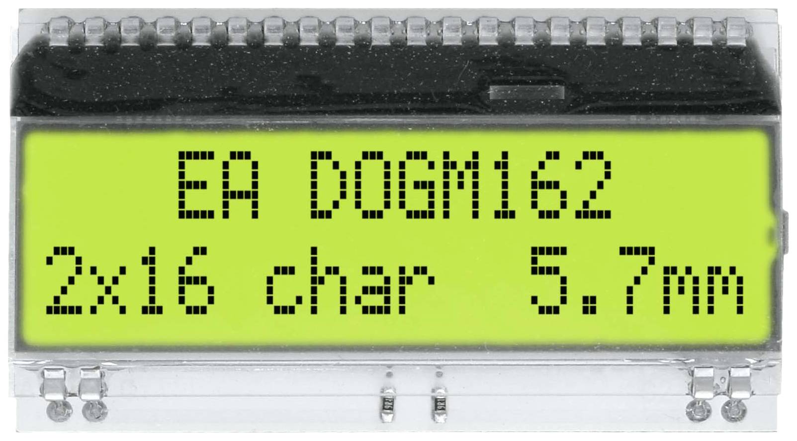 Elektronický displej zobrazuje 'EA DOGM162, 2x16 znakov, 5,7 mm' na zeleno svietiacom displeji.