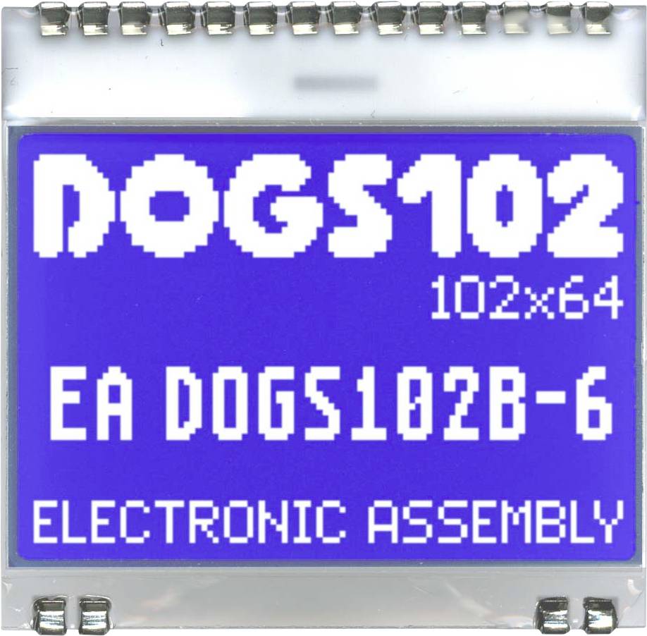 LCD s nápisom DOGS102 102x64 EA DOGS102B-6, ELECTRONIC ASSEMBLY. Zobrazuje špecifikácie LCD displeja v pixeloch a čísle modelu.
