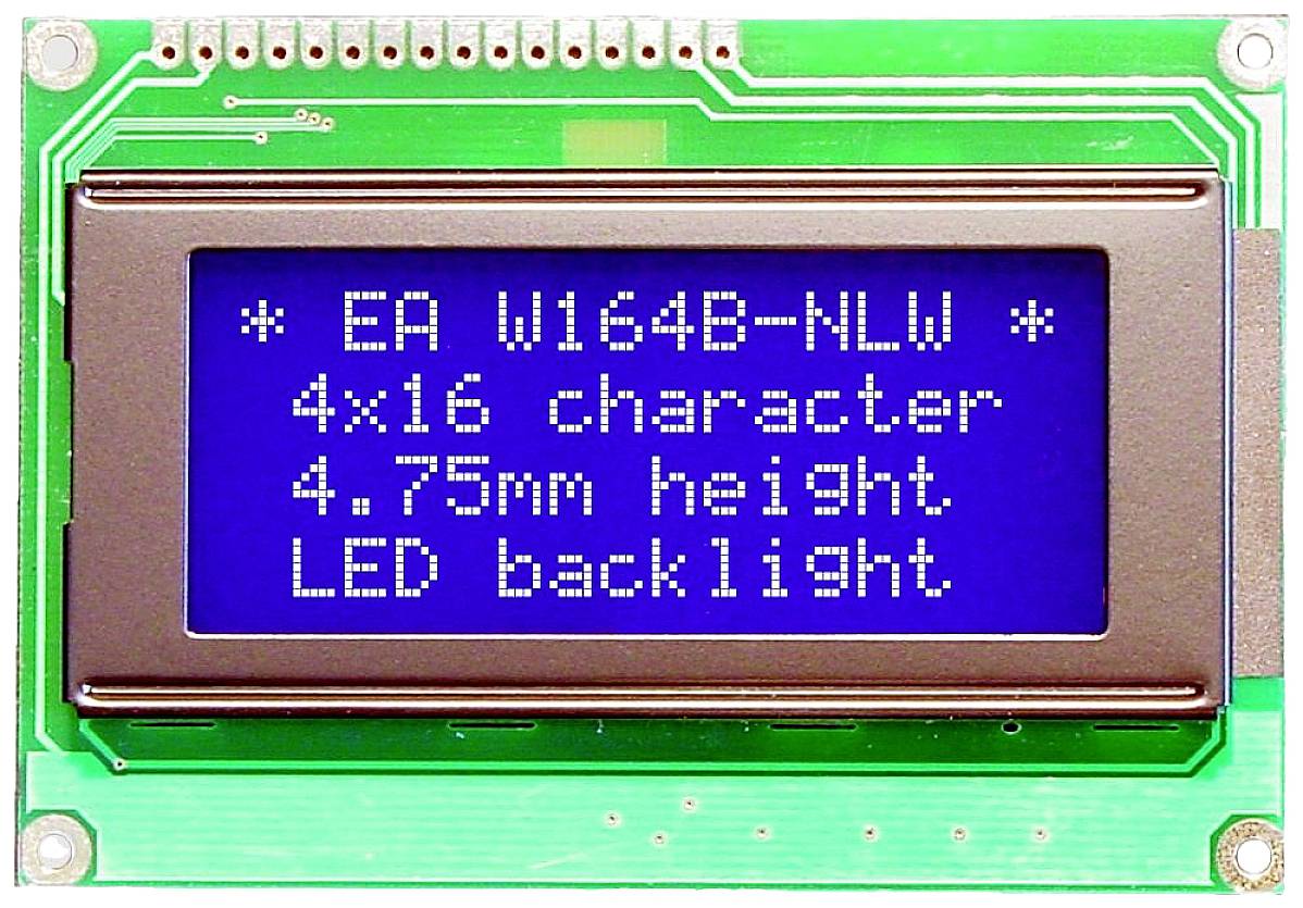 Elektronický displej zobrazuje text: 'EA W164B-NLW', '4x16 znakov', '4,75 mm výška', 'LED podsvietenie', na modrom pozadí.