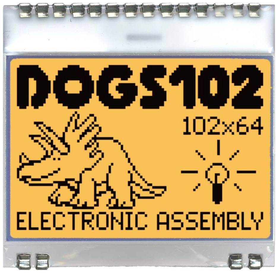 Displej elektronického zariadenia s nápisom 'DOGS102'. Zobrazuje pixelovitý obrázok dinosaura a nápis 'ELEKTRONICKÁ ZOSTAVA'.