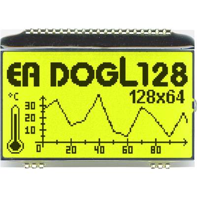 Digitálny displej zobrazuje 'EA DOGL128 128x64' a líniový graf so zmenami teploty medzi 0°C a 30°C.