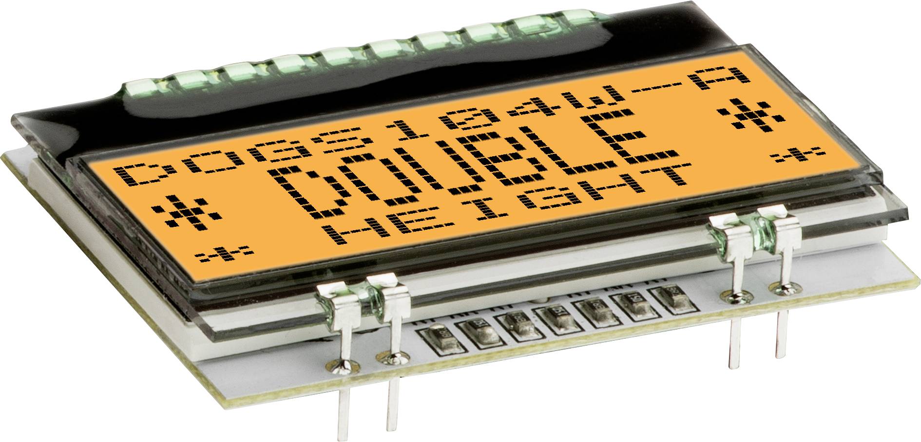 LCD displej s žltým pozadím zobrazuje text DOGS104W-A DOUBLE HEIGHT. Ideálny pre elektronické aplikácie.