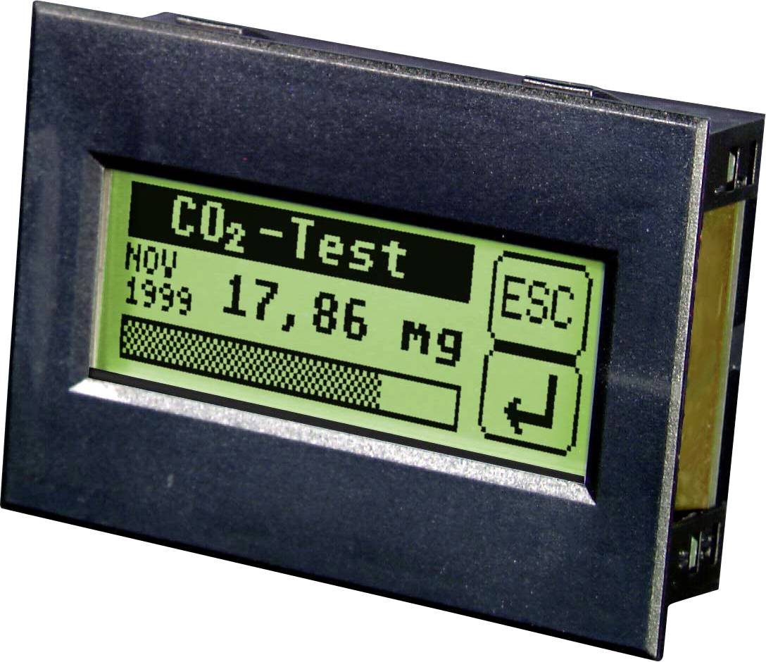 LCD displej zobrazuje 'CO₂-test', dátum 'Nov 1999', hodnota '17,86 mg'. Tlačidlá: 'ESC' a potvrdzovacie symboly.