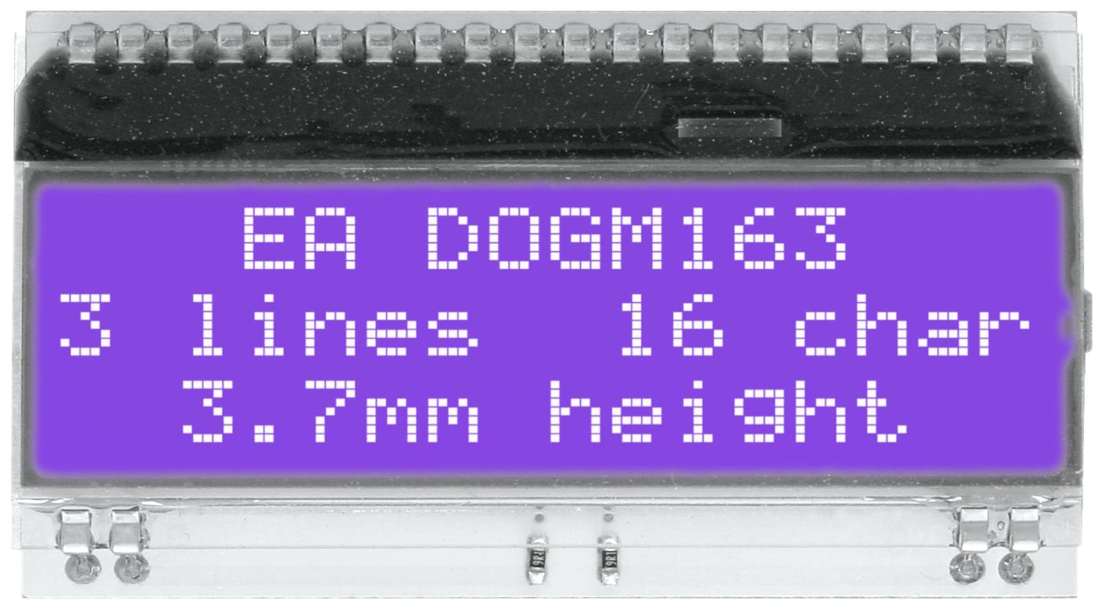 LCD displej EA DOGM163 s 3 riadkami, 16 znakmi na riadok a výškou znaku 3,7 mm.