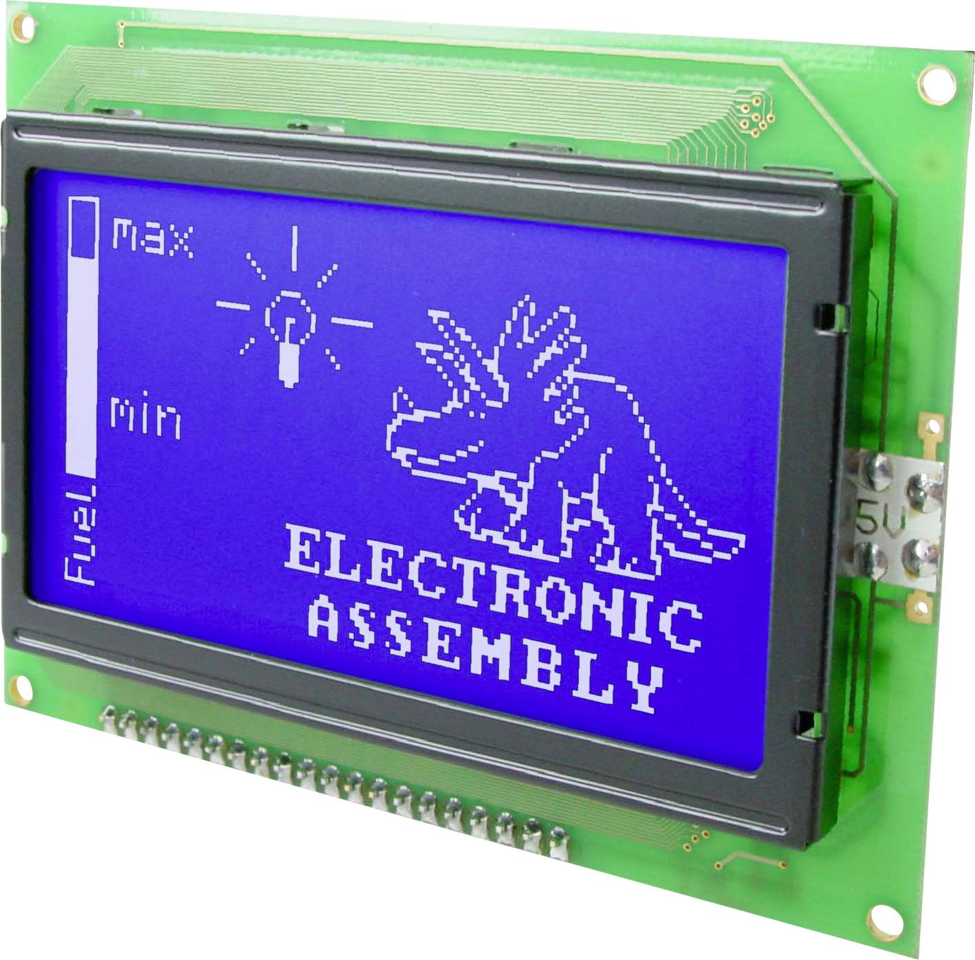 Modré LCD displej zobrazuje úroveň energie, symbol žiarovky pre maximálne a minimálne hodnoty a grafiku dinosaura s textom 'Electronic Assembly'.