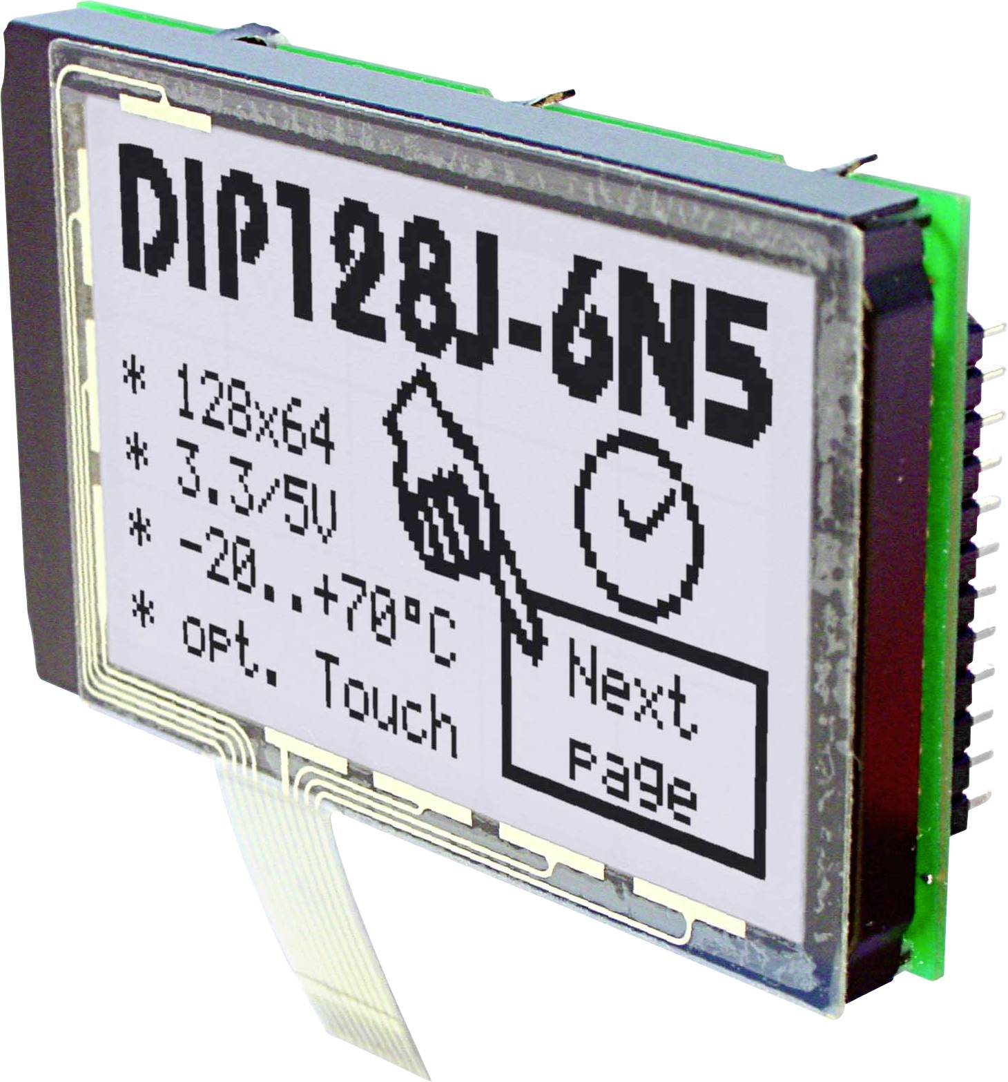 Elektronický atramentový displej s modelovým číslom 'DIP128J-6N5', zobrazuje symboly, text '128x64', '3.3/5V', teplotný rozsah '-20..+70°C' a 'Ďalšia strana'.