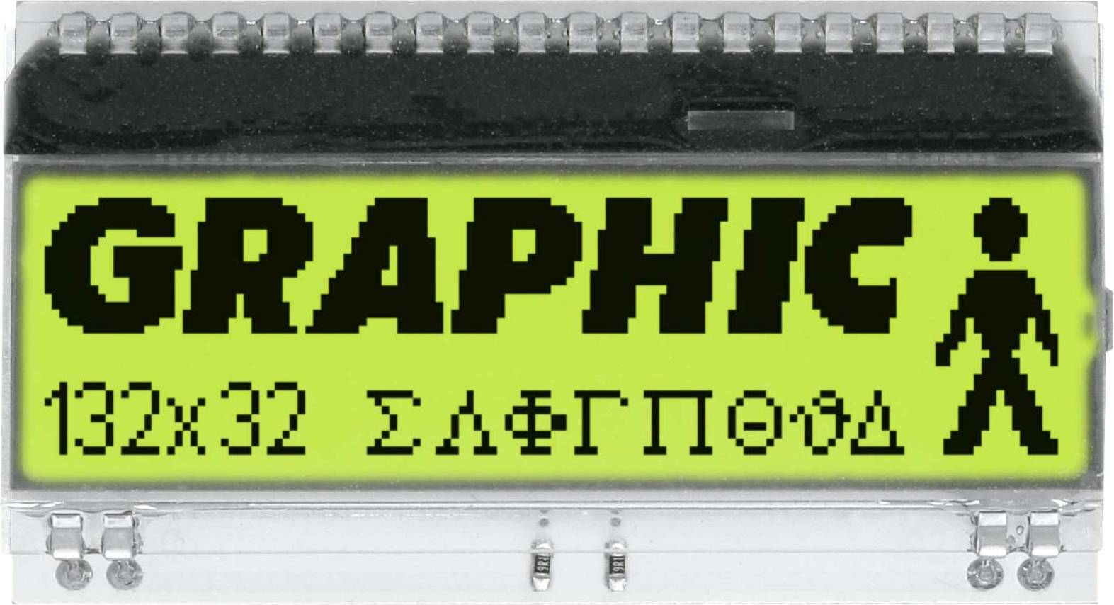Čierna pixelová postavička vedľa slova 'GRAPHIC' na žltom pozadí; dole sú kryptické znaky '132x32 ΣλεΓΠΘΦΔ'.