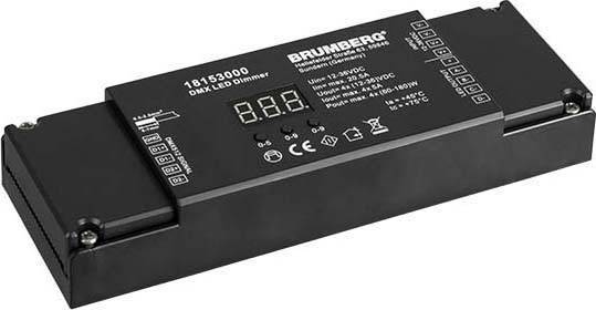 Čierny DMX LED stmievač s digitálnym displejom a viacerými možnosťami pripojenia, vhodný pre 12/24V DC, model 18513000 od Brumbergu.