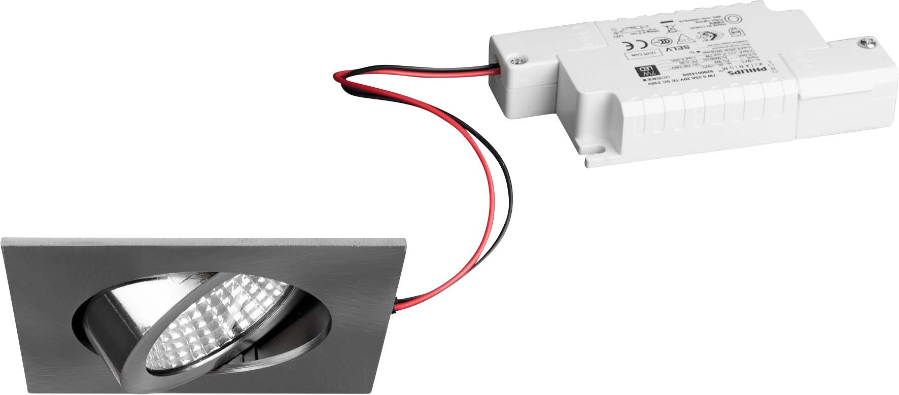 Štvorcový, otočný LED podomietkový reflektor v sivej farbe, prepojený s externým obdĺžnikovým ovládačom pomocou čiernych a červených káblov.