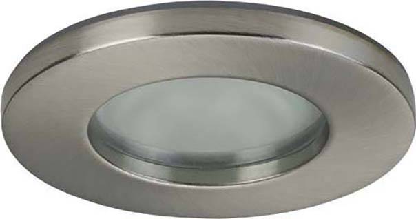 Kruhový, strieborný LED stropný podhľadový svetlomet s priesvitným skleneným prvkom, vhodný pre modernú interiérovú osvetľovaciu techniku.