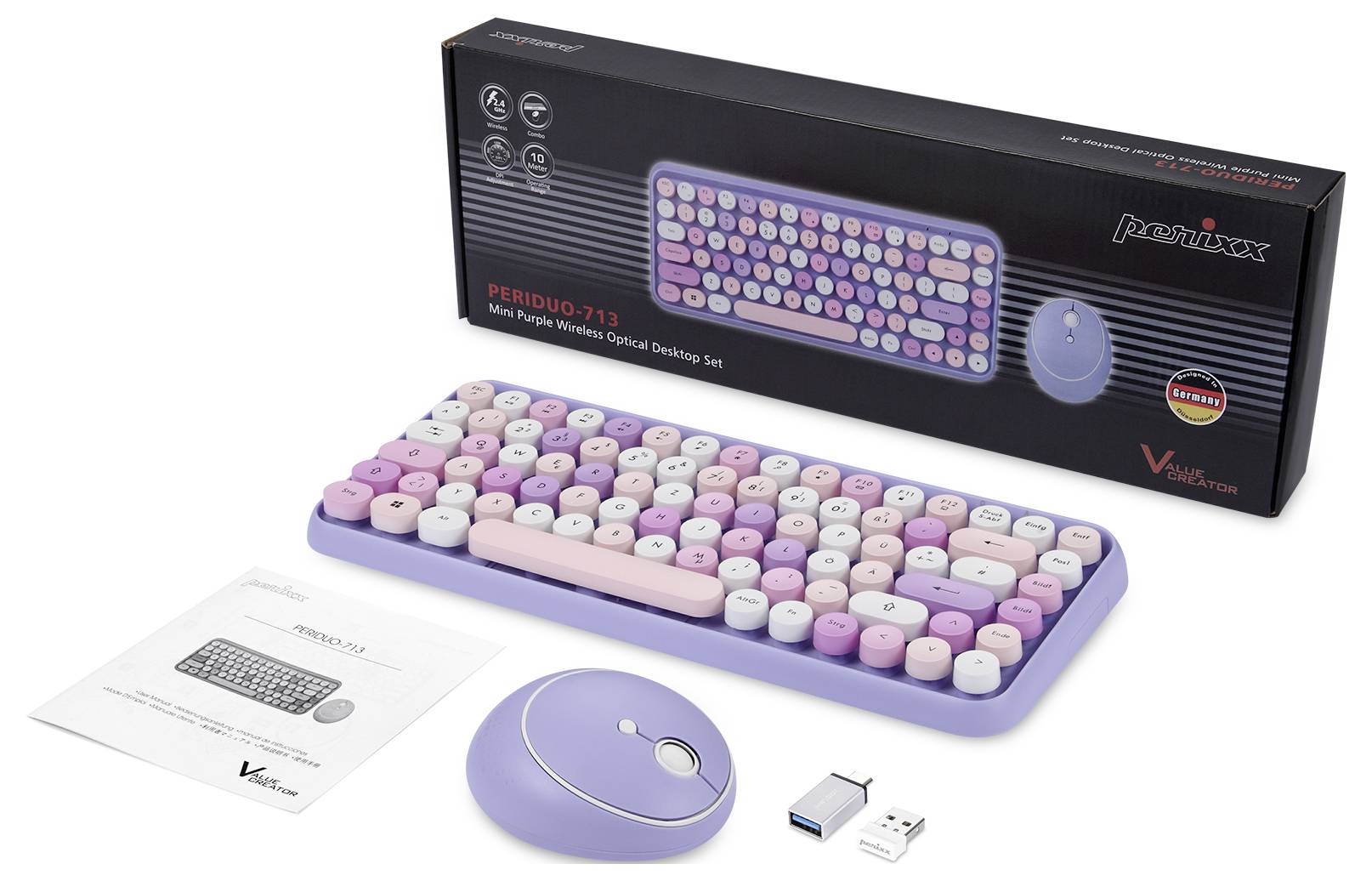 Bezdrôtová klávesnica a myš v pastelových farbách vedľa balenia s názvom značky, USB prijímačom a návodom na bielom pozadí.