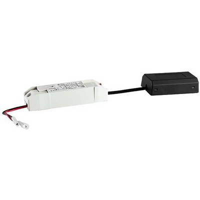 Biele elektronické zariadenie s pripojeným čiernym káblom, podobné LED ovládaču alebo transformátoru.