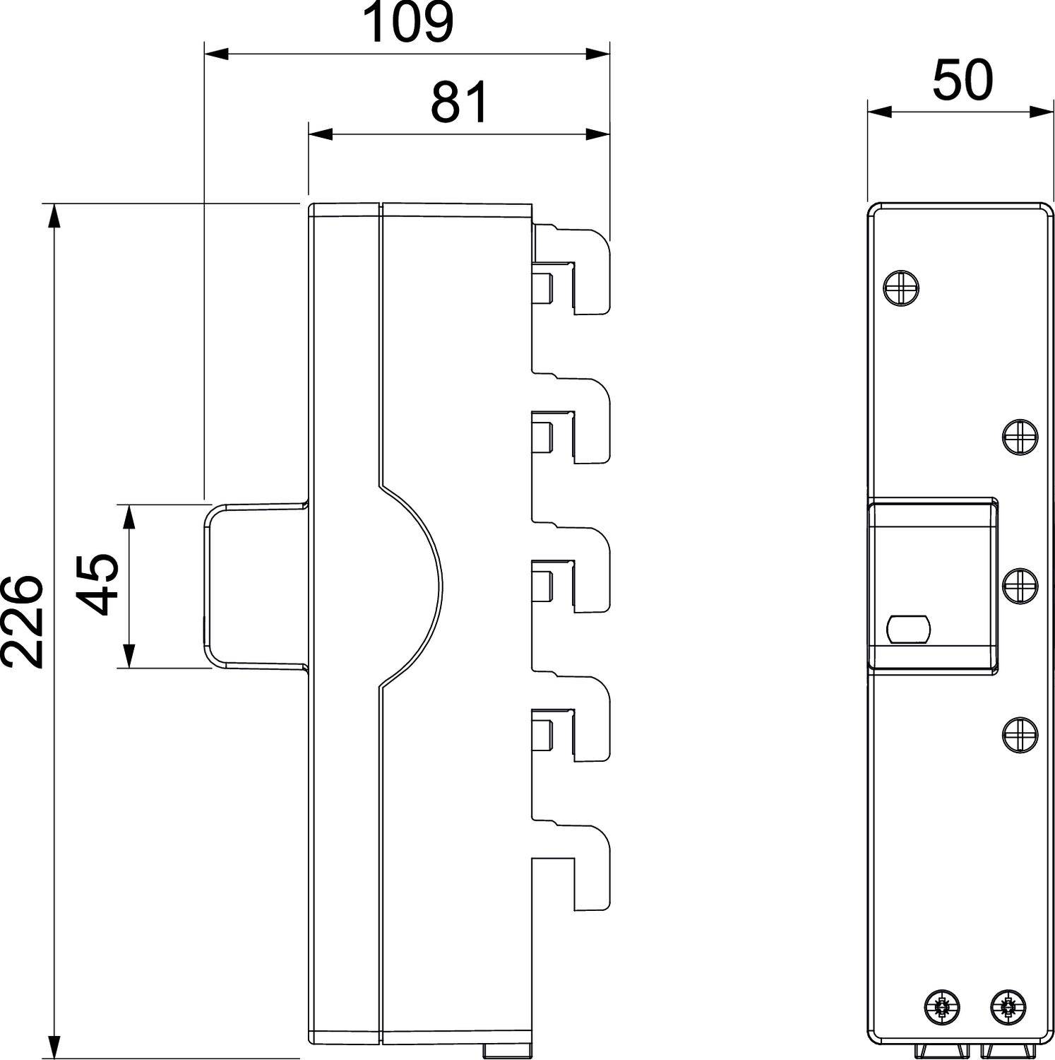 Technický výkres zámku dverí s rozmermi: šírka 109 mm, výška 226 mm a hĺbka 50 mm. Detailne zobrazený uzamykací mechanizmus.