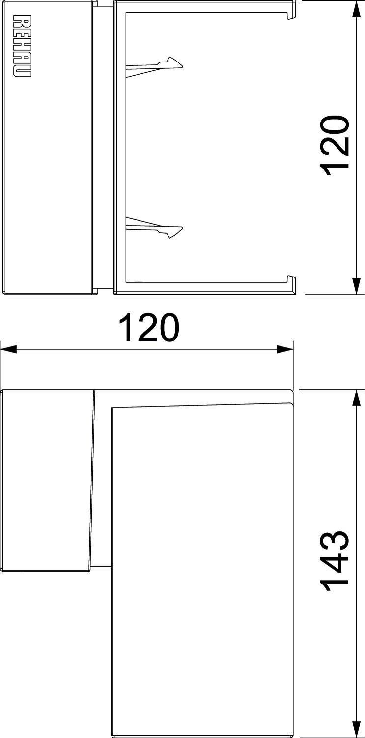 Technický výkres L-tvarového nábytku s rozmermi 120x120 cm na strane a celkovou hĺbkou 143 cm.