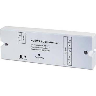 RGBW LED-kontrolér so vstupnými a výstupnými konektormi, napätie DC 12-24V, výkon 60-120W, ovládanie pomocou spárovacieho tlačidla.