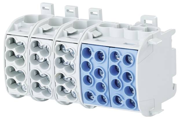 Viacpólové elektrické konektory s bielymi a modrými prvkami, vhodné pre priemyselné aplikácie a káblové systémy.