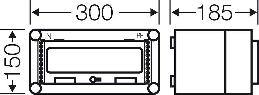 Technický výkres obdĺžnikového komponentu s rozmermi 300 mm x 150 mm. Vľavo: N a PE prípojka. Pohľad zhora a pohľad z boku.