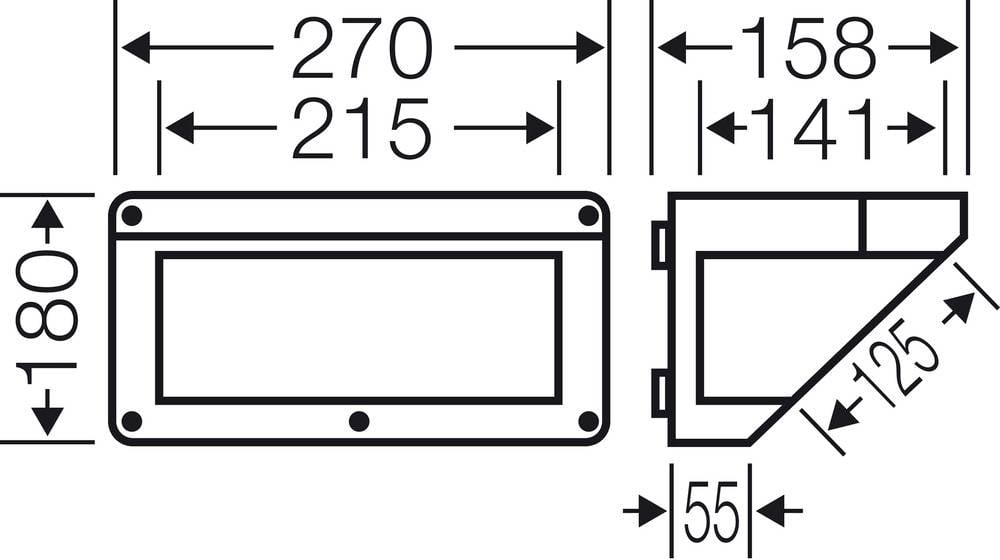Technický výkres obdĺžnikového objektu s rozmermi: 270x180 mm vonkajšie, 215x141 mm vnútorné, hĺbka 125 mm, priestor pre vosk 55 mm.