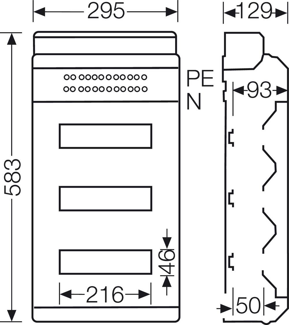 Technický výkres obdĺžnikového objektu s rozmermi 295 mm x 583 mm x 129 mm. Označenia pre PE a N sú viditeľné.