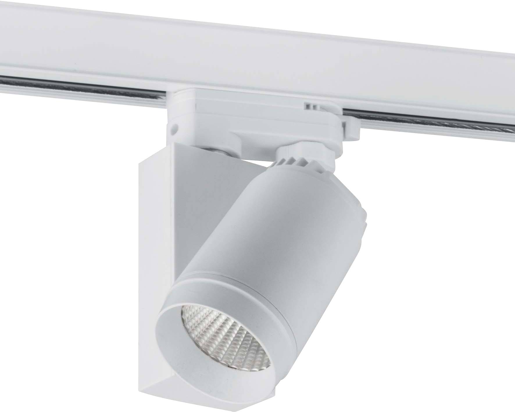 Biela stropná LED lampa valcovitého tvaru namontovaná na koľajnici, vhodná pre cielenené osvetlenie.