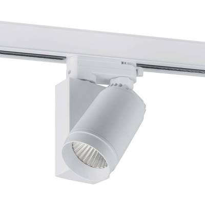 Biela stropná LED lampa valcovitého tvaru namontovaná na koľajnici, vhodná pre cielenené osvetlenie.