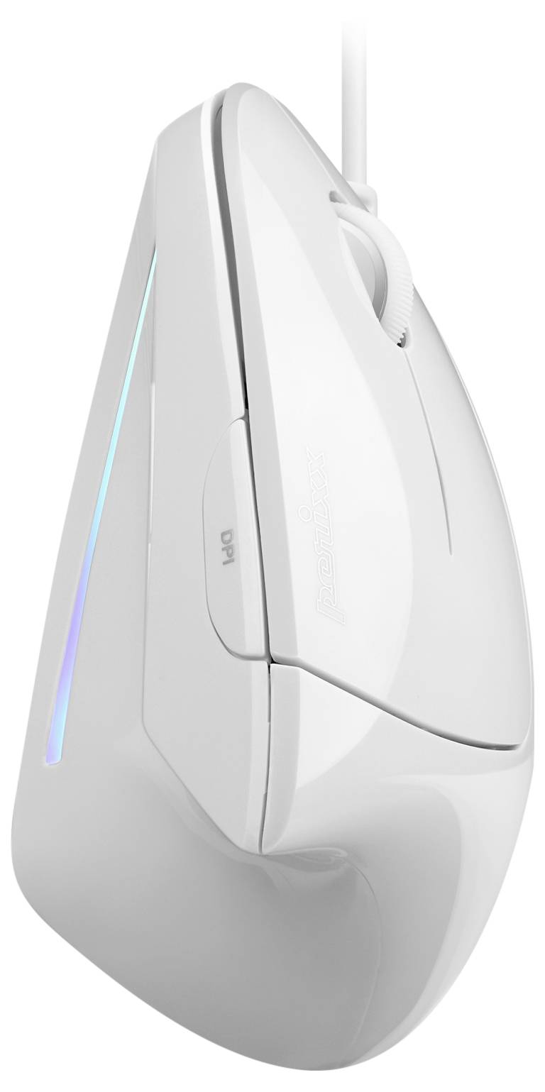 Biela vertikálna ergonomická myš s modrými a fialovými LED akcentmi, navrhnutá pre pohodlné používanie.