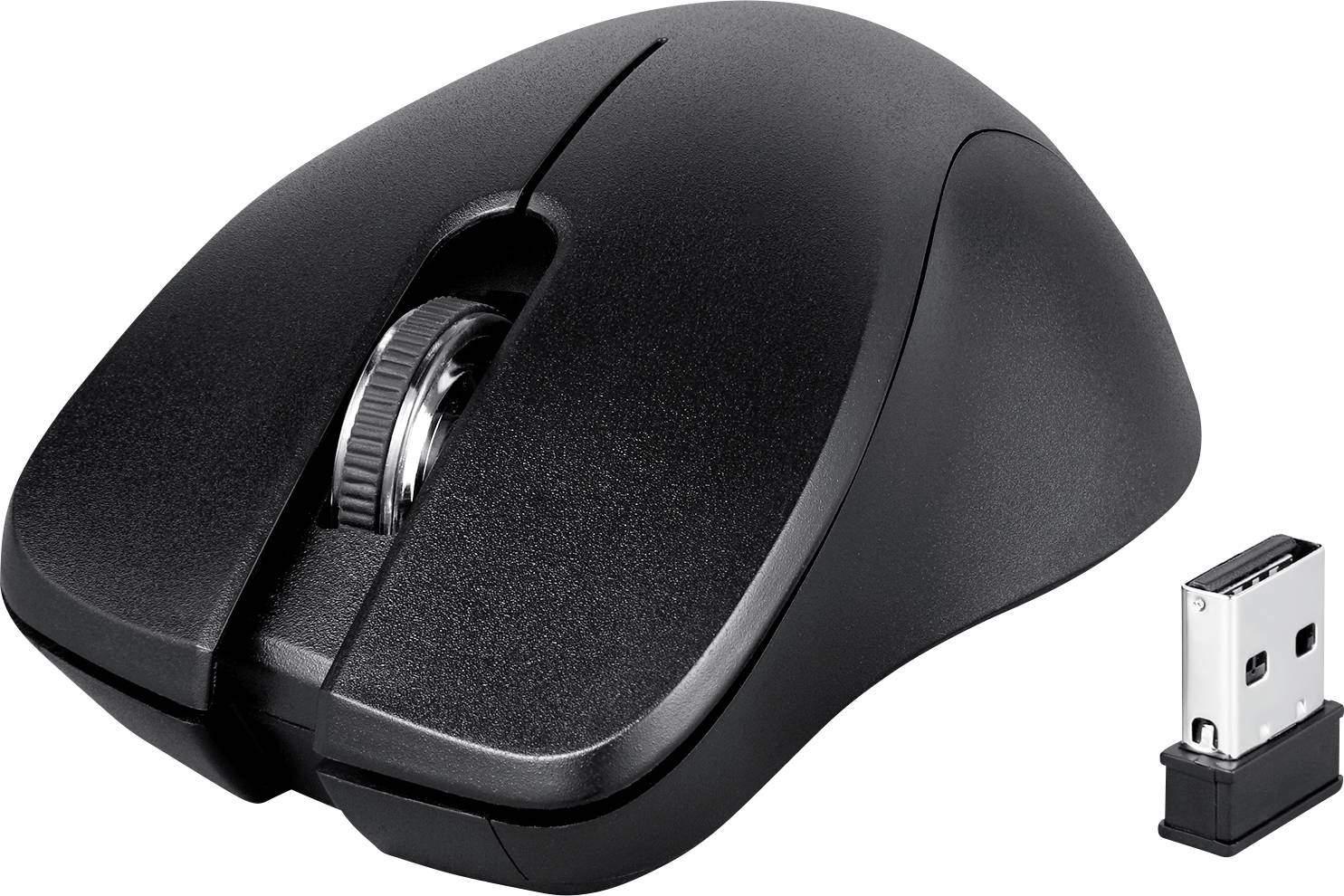 Čierna bezdrôtová počítačová myš s USB prijímačom, ergonomický dizajn, ideálna pre každodenné použitie a kancelárske prostredie.