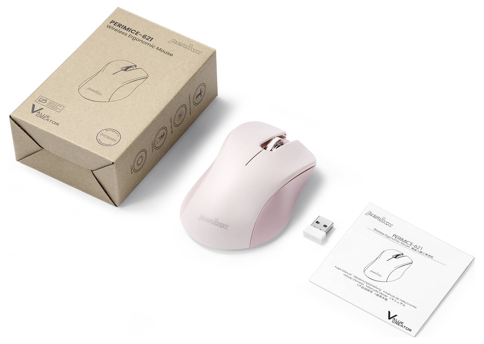 Bezdrôtová ružová počítačová myš s USB prijímačom, návodom na použitie a obalom.