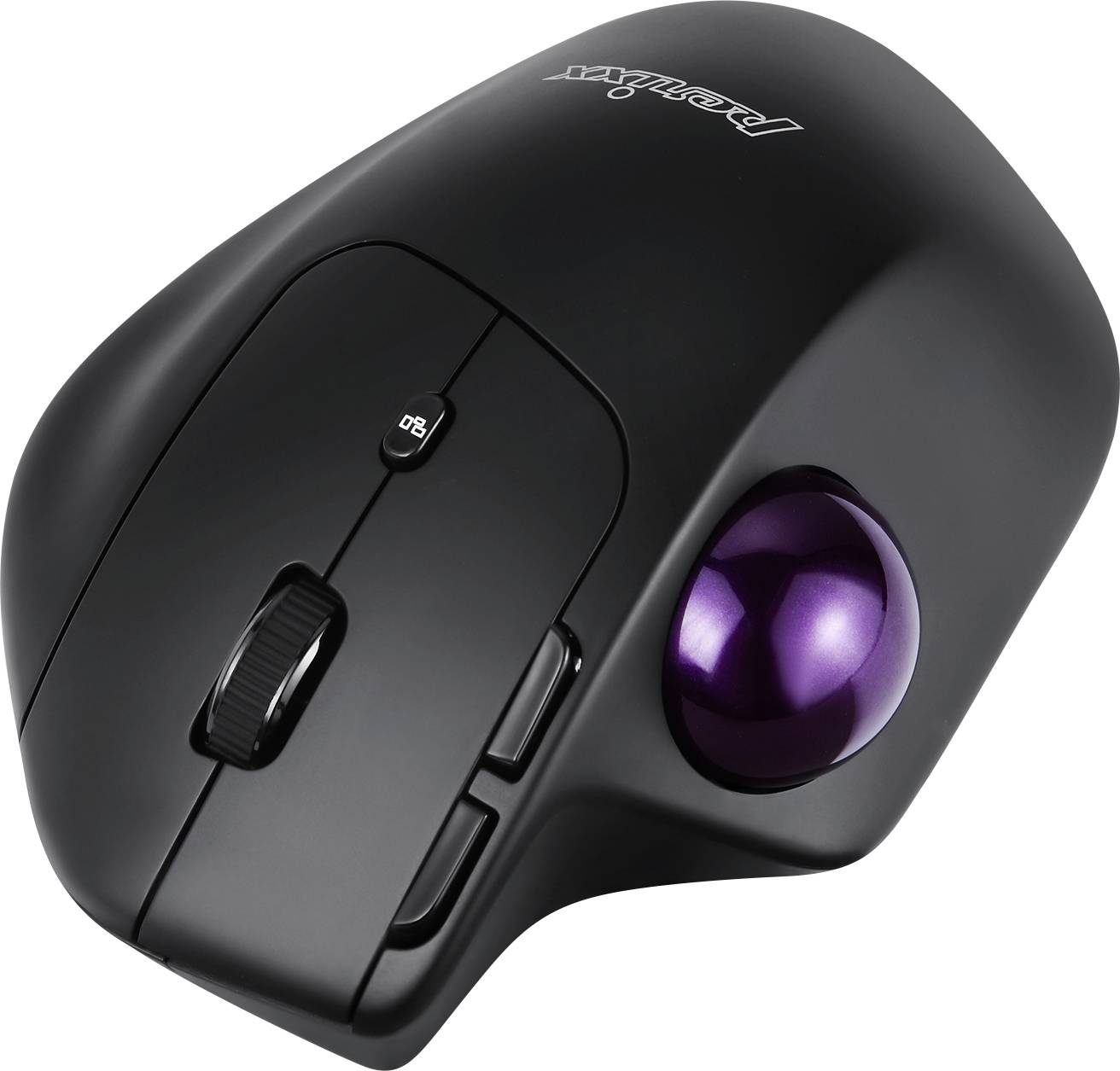 Ergonomická čierna trackball myš s fialovým trackballom napravo, tlačidlami pod palcom a rolovacím kolieskom, vhodná pre presnú kontrolu.