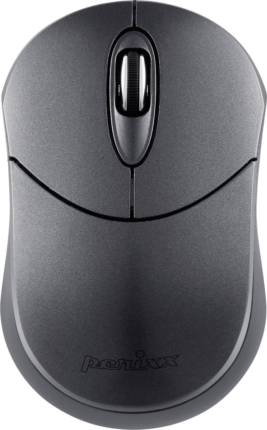 Čierna bezdrôtová počítačová myš s ergonomickým dizajnom a rolovacím kolieskom, vhodná pre použitie s PC alebo notebookom.