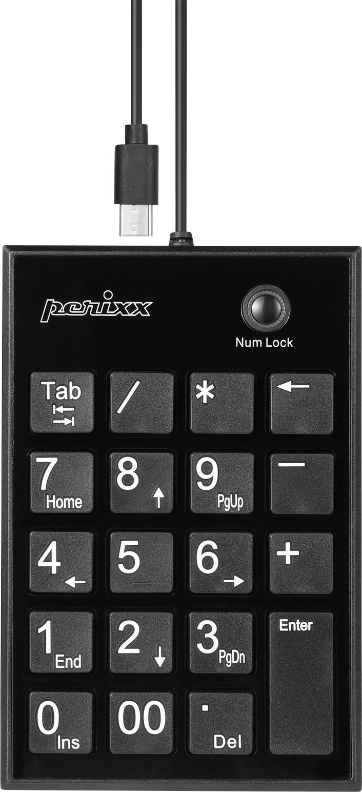 Externá numerická klávesnica s 19 klávesmi vrátane Tab, Home, End a Enter. Názov značky hore, viditeľné káblové pripojenie.