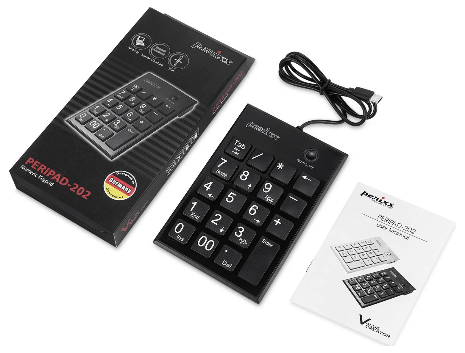 Pracovný stôl s čiernou numerickou USB klávesnicou (Perixx Peripad-202), jej obalom a návodom na použitie.