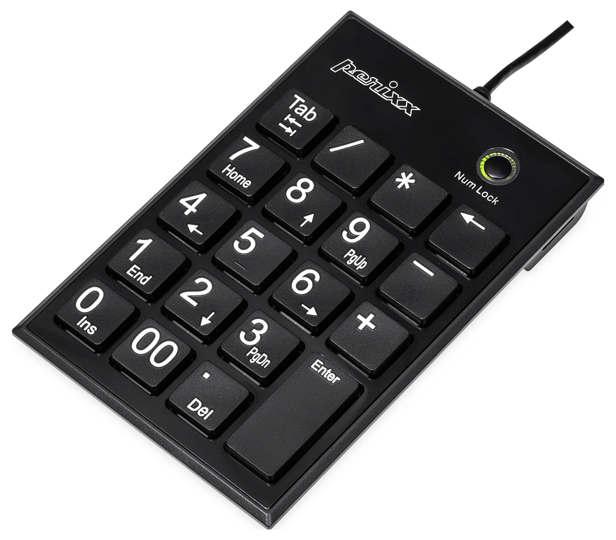 Externá čierna USB klávesnica s numerickou klávesnicou, vrátane číselných klávesov, počítacích klávesov a funkčnej klávesy 'Num Lock'.
