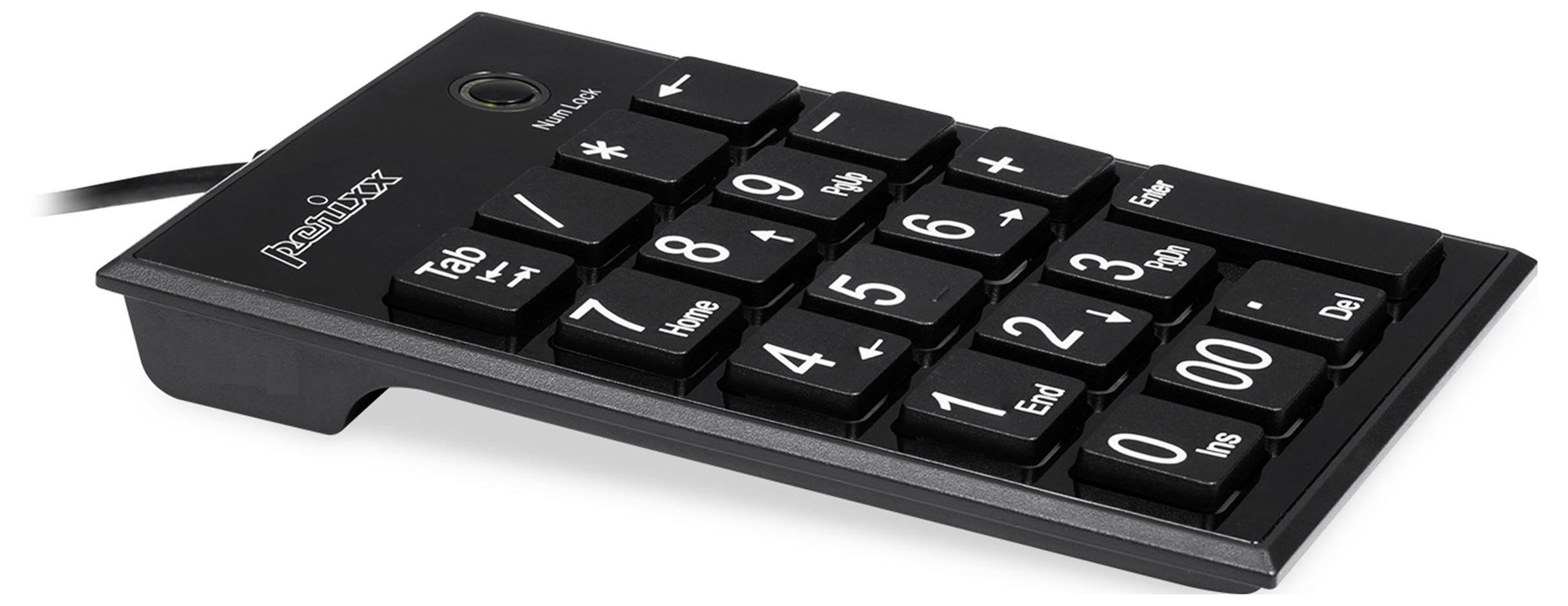 Čierny USB numerický blok s veľkými bielymi klávesmi, ktorý obsahuje číslice 0-9, matematické symboly a funkčné klávesy ako "Enter" a "Tab".