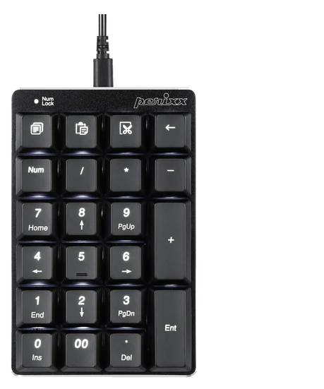 Externá numerická klávesnica v čiernej farbe s USB pripojením, 18 klávesov vrátane číslic a funkcií ako 'Num', 'Ins' a 'Del'.