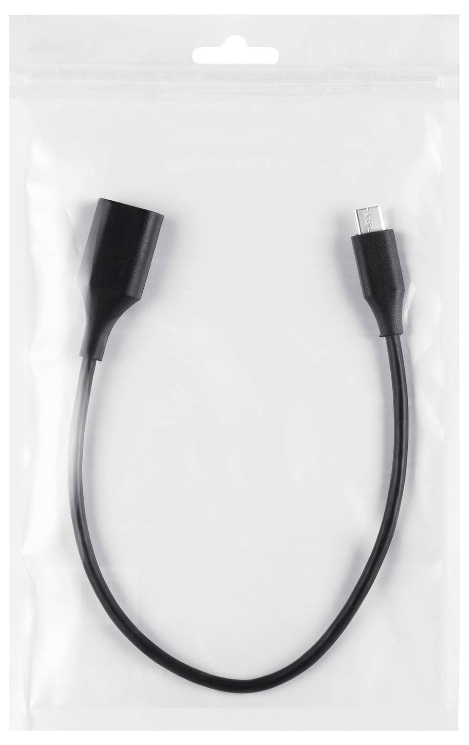 Čierne USB kábel s Micro-USB konektorom a zásuvkou, sfotografované v priehľadnom plastovom obale.