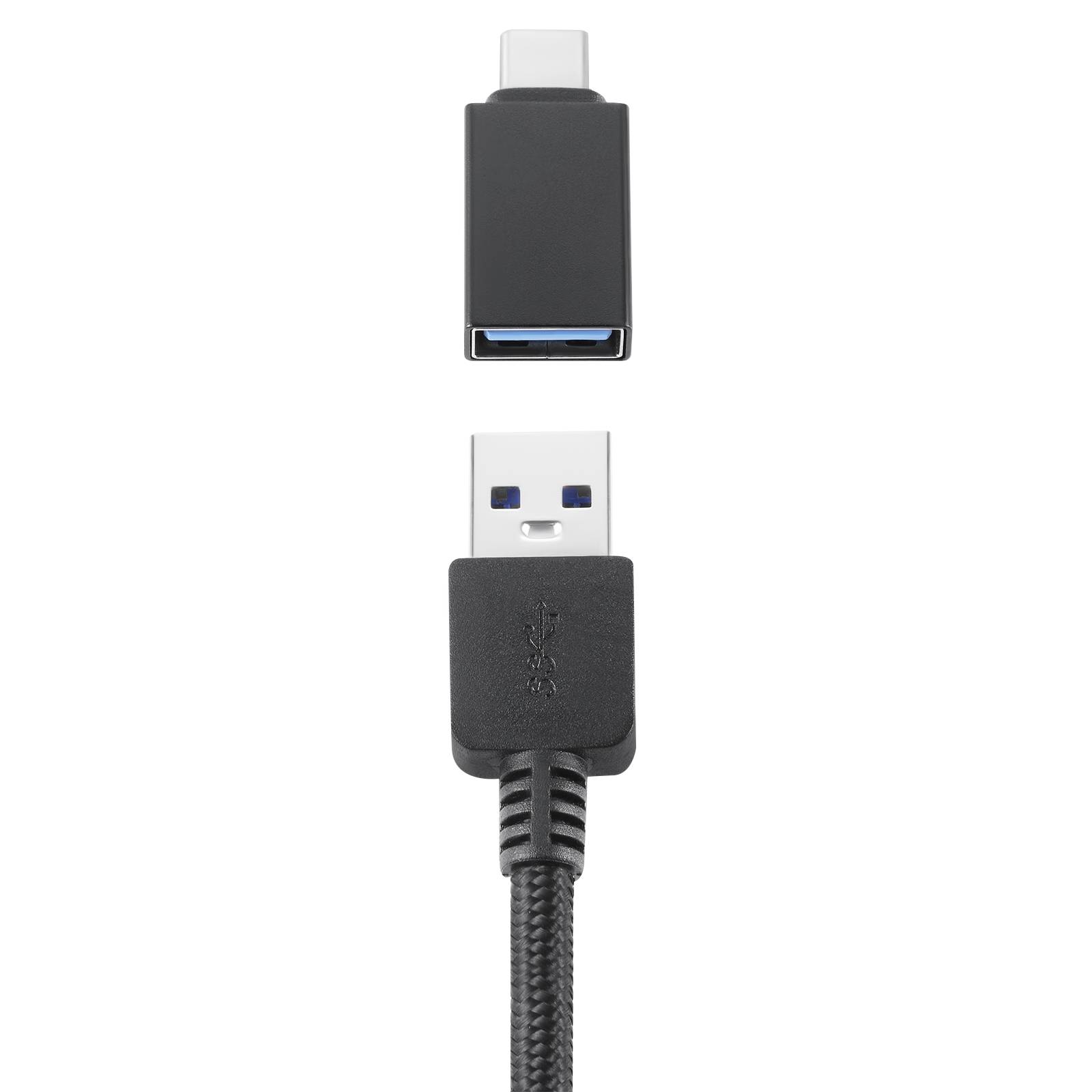 USB kábel s konektorom Typ A dole a odnímateľným USB-C adaptérom hore, na bielom pozadí.